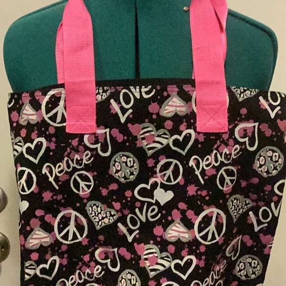 16 by 15 Peace & Love Canvas Tote bag, Black/White striped Canvas bag - Picture 2 of 10